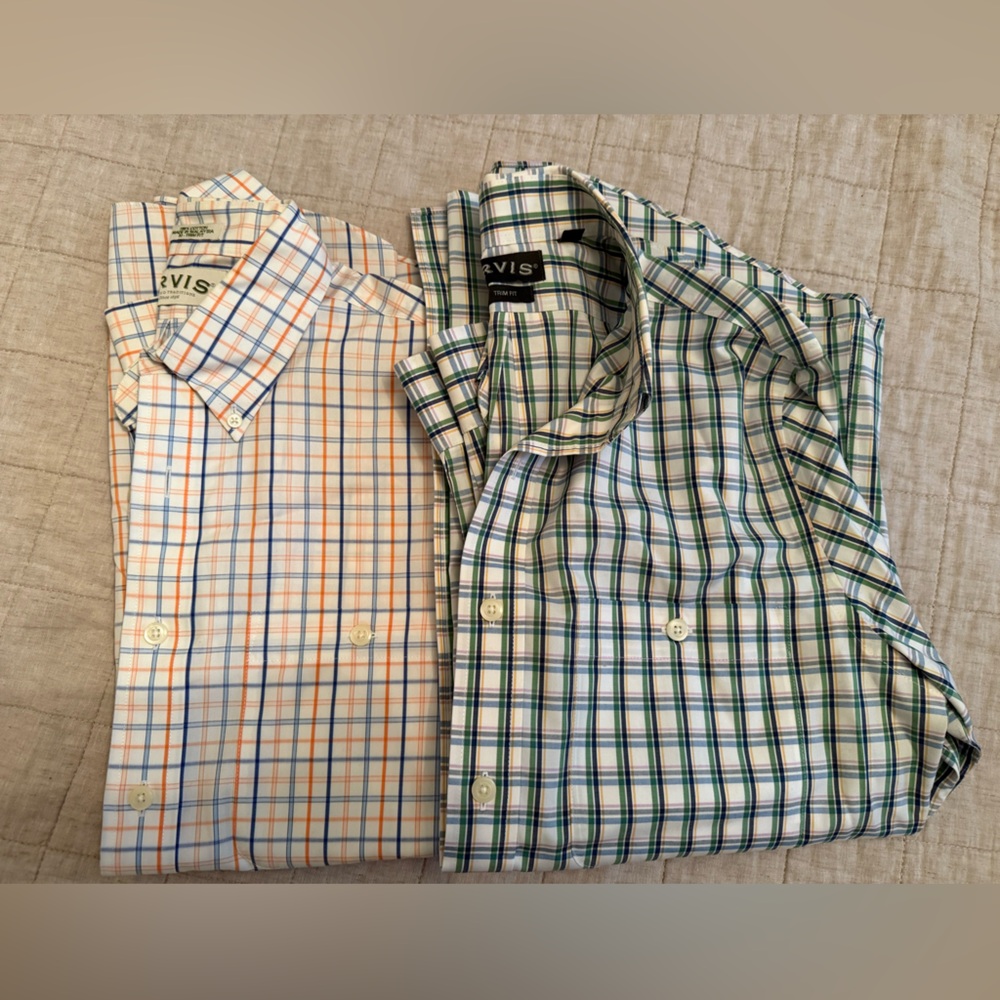 Orvis Casual Button Down Shirts Blue and Orange Plaid